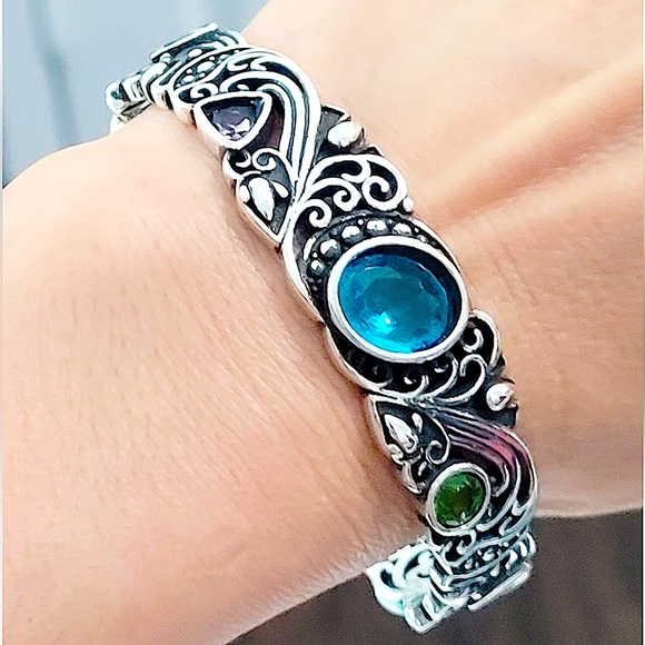 Vintage Sterling Silver Bangle, Multicolor Gemstone Engraved Cuff, Elegant - Picture 4 of 12